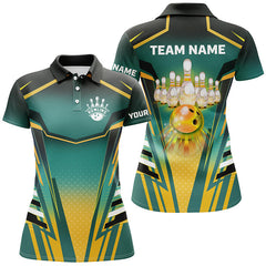Maxcorners Bowling Polo Shirts Custom Green And Yellow For Men Bowling Ball Pins Team Jerseys Bowling Apparel