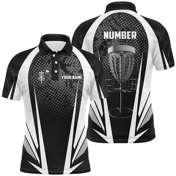 Maxcorners Mens disc golf polo shirt custom name, number black white disc golf jersey, mens disc golf apparel MT0510
