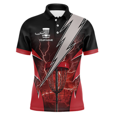 Maxcorners Black and Red Lightning Thunder Mens Disc golf polo shirts Custom team disc golf jerseys LM0910