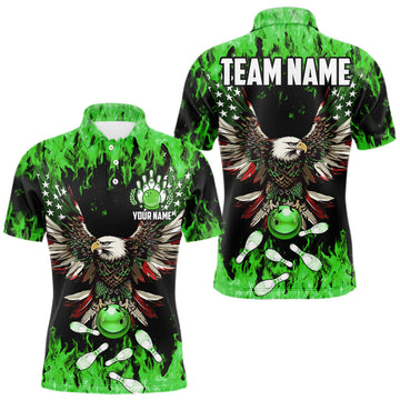 Maxcorners Green flame Mens bowling shirts Custom American flag Eagle Team bowling shirts, gift for bowlers