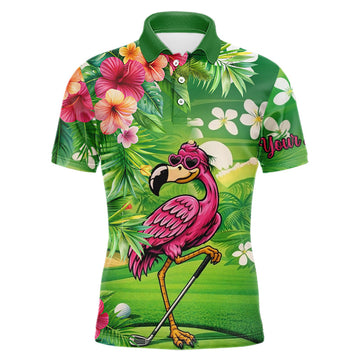 Maxcorners Personalized Green tropical flower flamingo golf shirt for Men custom team golf shirts