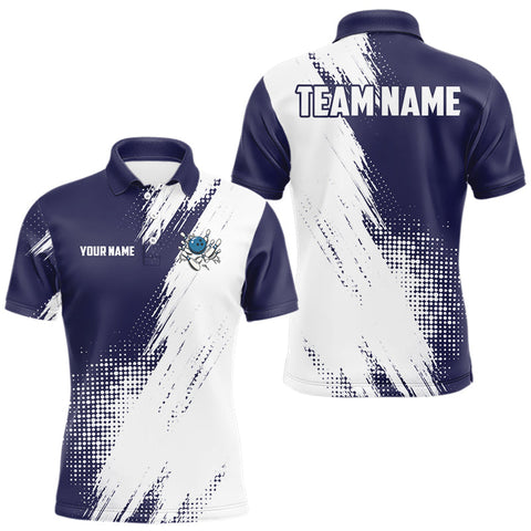 Maxcorners Custom Blue and White Strike Bowling Shirts Men Polo, Quarter Zip Bowling Team Jerseys Bowling League LM0910