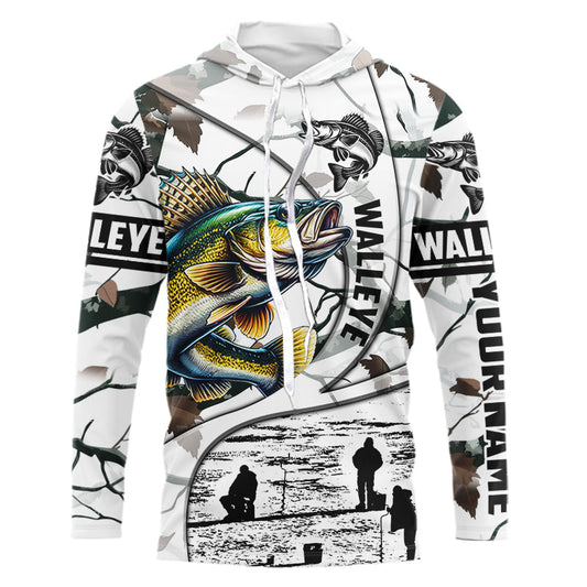 Maxcorners Ice fishing walleye winter camo ice fishing clothing Custom Long Sleeve Fishing Shirts, gift for fisherman LM0201
