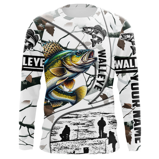 Maxcorners Ice fishing walleye winter camo ice fishing clothing Custom Long Sleeve Fishing Shirts, gift for fisherman LM0201
