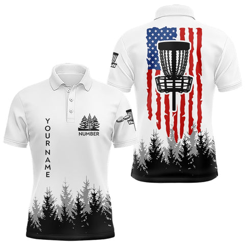 Maxcorners Black and White American flag Mens disc golf polo shirts custom patriotic disc golf basket team outfit MT0510