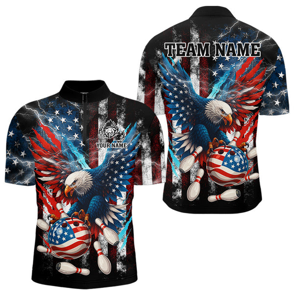 Maxcorners Personalized American Flag Eagle Lightning Thunder Bowling Team Shirt For Men, Patriotic Bowling Gift LM0910