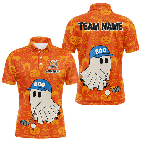 Maxcorners Personalized Funny Halloween Boo Orange Pattern Golf Polo Shirts For Men, Halloween Mens Golf Attire LM0910