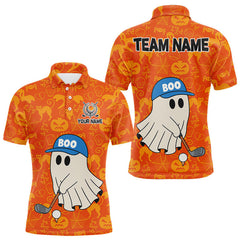Maxcorners Personalized Funny Halloween Boo Orange Pattern Golf Polo Shirts For Men, Halloween Mens Golf Attire LM0910