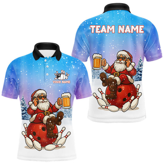 Maxcorners Funny Santa drinking Beer Bowling Shirts For Men Custom Christmas Bowling Team Jersey Gift For Bowler LM2603