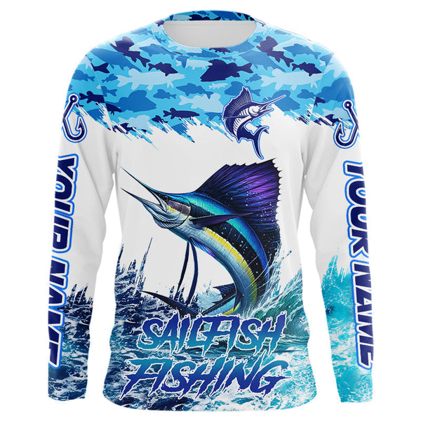 Maxcorners Sailfish fishing Blue sea camo Custom UV protection fishing long sleeve shirt, Sailfish Fishing jersey MT2108