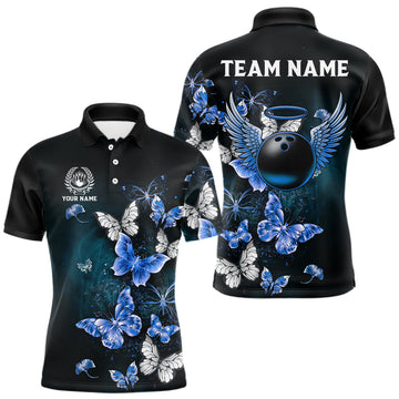 Maxcorners Custom Blue Butterfly Bowling Polo Shirt, 1/4 zip jersey For Men, Bowling Team Shirt With Butterflies LM1202