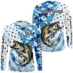 Maxcorners Blue Camo American Flag Bass Fishing Custom Long Sleeve Fishing Shirts Personalized Bass Fishing Gifts LM0607