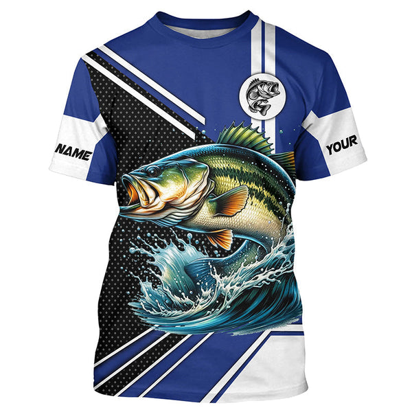 Maxcorners Personalized Largemouth Bass fishing Long Sleeve Performance Fishing Shirt, Bass fishing jersey | Blue MT2108