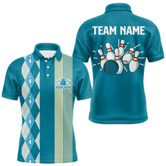 Maxcorners Retro Cyan Blue argyle pattern Bowling shirts For Men custom bowling team jerseys Bowler Outfits MT0708