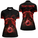 Maxcorners Mens bowling polo, 1/4 zip shirts Custom red flame skull bowling team jerseys, gift for Bowlers MT0609