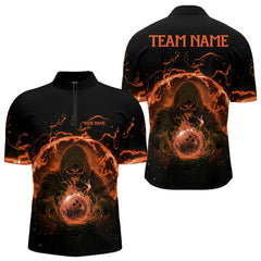 Maxcorners Mens bowling polo, 1/4 zip shirts Custom orange flame skull bowling team jerseys, gift for Bowlers MT0609