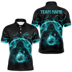 Maxcorners Mens bowling polo, 1/4 zip shirts Custom cyan blue flame skull bowling team jerseys, gift for Bowlers MT0609