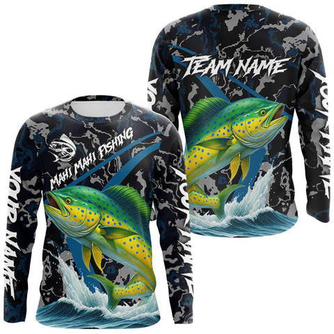 Maxcorners Custom Mahi Mahi Fishing Camo Long Sleeve Fishing Shirts, Personalized Mahi Mahi Fishing Team Jersey LM1610