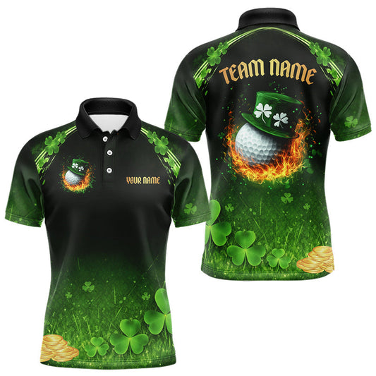 Maxcorners Flame golf ball green shamrock St Patrick's Day Men Golf Polo Shirts Custom lucky golf attire for men