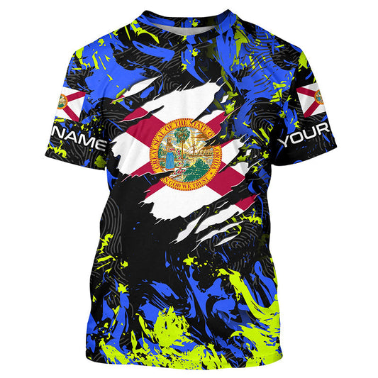 Maxcorners Blue green camo Florida flag patriot shirt Custom sun protection fishing long sleeve shirts MT2108