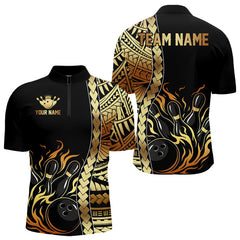 Maxcorners Custom Black And Gold Flame tribal pattern Bowling Team Polo, 1/4 Zip Shirts For Men, Bowling Jerseys MT1706