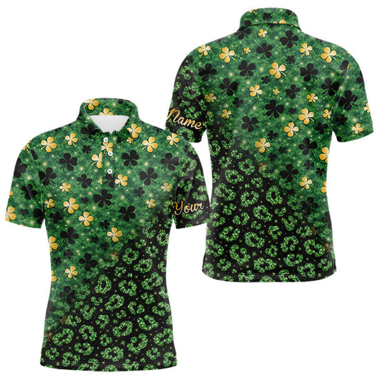 Maxcorners Green and Gold Clover glitter leopard St Patrick's day pattern custom shamrock Mens golf polo shirts LM0901