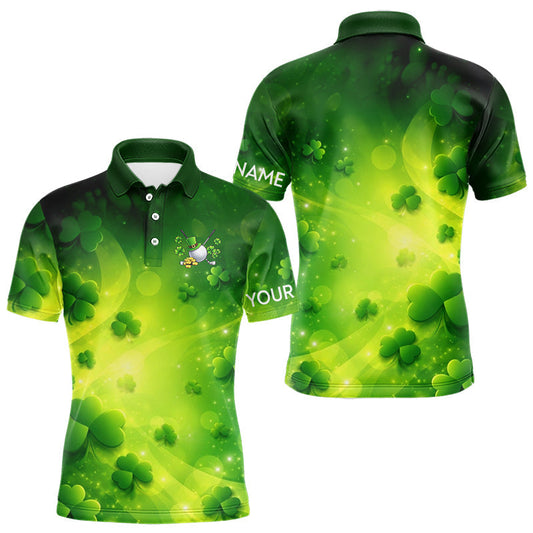 Maxcorners Green clover pattern St Patrick's Day Mens Golf Polo Shirts Custom Shamrock Golf outfit For Men