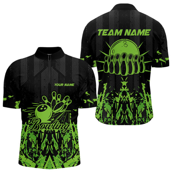 Maxcorners Black And Green Camo Bowling Team Shirts For Men Custom Bowling Uniform Polo, Quarter Zip Shirts