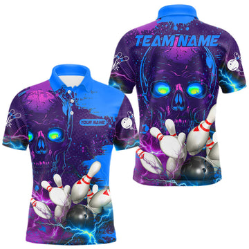 Maxcorners Purple and Blue Lightning Thunder Storm Skull Bowling Shirts For Men Custom Bowling Team Jerseys