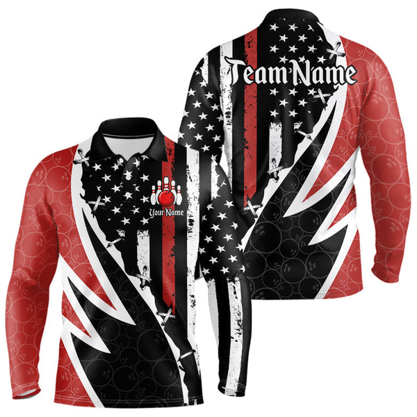 Maxcorners Red, White and Black American Flag Bowling Shirts for Men Custom Patriotic Team Bowling Jersey LM1008