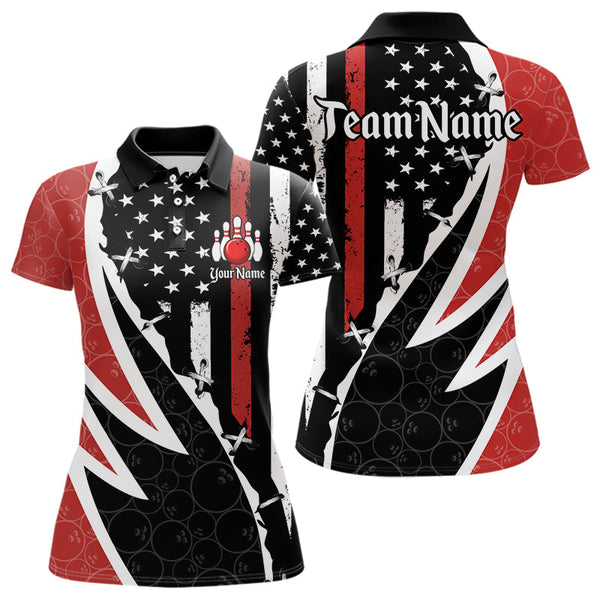 Maxcorners Red, White and Black American Flag Bowling Shirts for Men Custom Patriotic Team Bowling Jersey LM1008