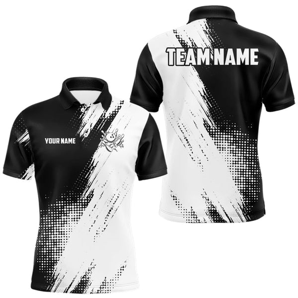 Maxcorners Custom Black and White Strike Bowling Shirts Men Polo, Quarter Zip Bowling Team Jersey Bowling League MT0811