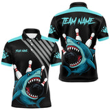Maxcorners Funny Cyan Blue Shark Men Bowling Polo, Quarter Zip Shirts Custom Team Shark Bowling Outfit Jersey MT0811