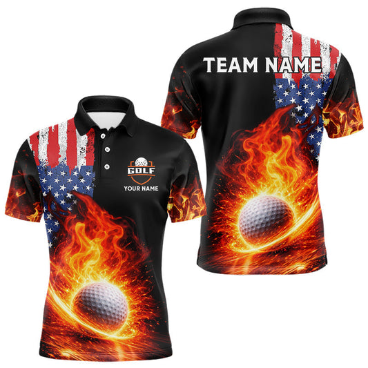 Maxcorners American Flag Flame Golf Polo shirts for Men Custom patriotic team Golf jerseys, mens golf outfit LM0901