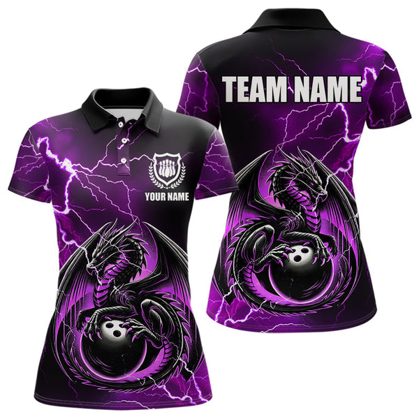 Maxcorners Personalized Black And Purple Thunder Lightning Dragon Bowling Shirts For Men, Bowling Team Uniform