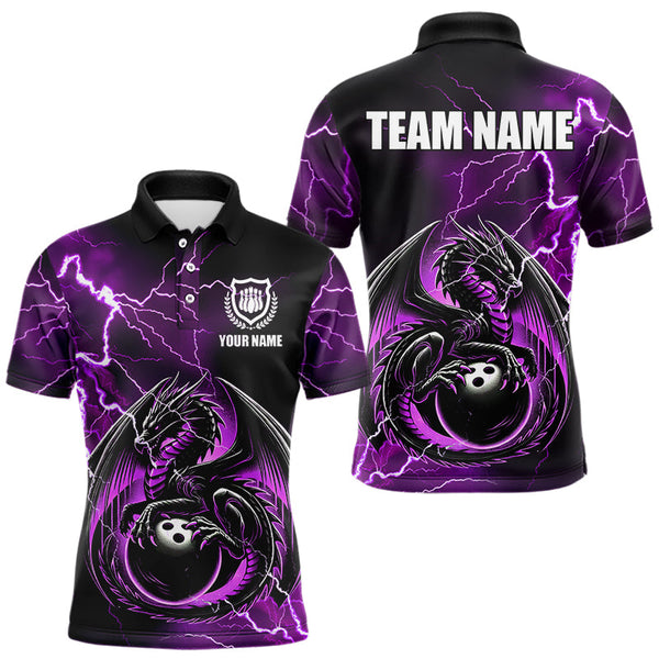 Maxcorners Personalized Black And Purple Thunder Lightning Dragon Bowling Shirts For Men, Bowling Team Uniform