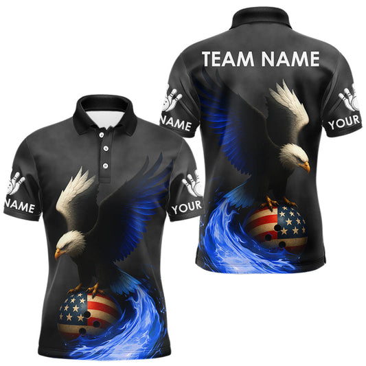 Maxcorners Black and White Eagle Blue Flame American Flag Bowling Shirt For Men Custom Team Bowling Jersey LM2603
