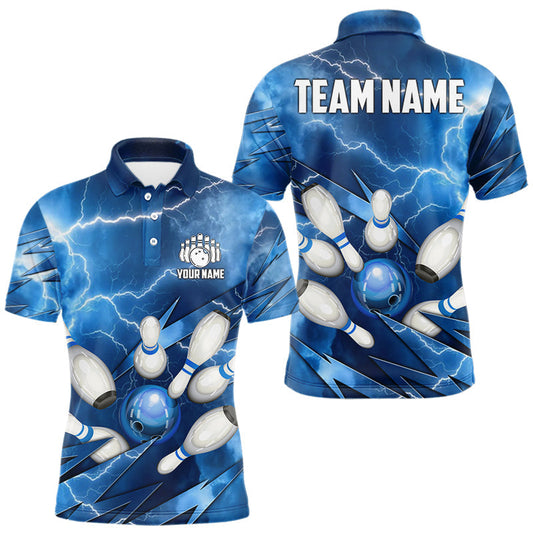 Maxcorners Blue Lightning Thunder Bowling Shirts For Men Custom Bowling Team League Jersey, Gift For Bowlers LM2603