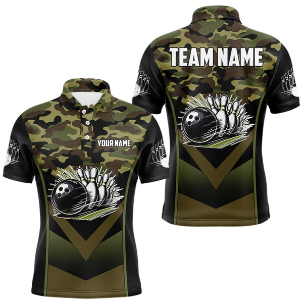 Maxcorners Black green camo Mens polo, quarter Zip bowling shirts Custom bowling team league jerseys MT0811