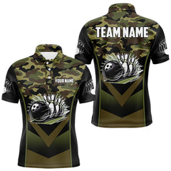 Maxcorners Black green camo Mens polo, quarter Zip bowling shirts Custom bowling team league jerseys MT0811
