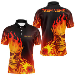 Maxcorners Flame Skull Bowling Polo, Quarter Zip Shirts for Men Custom Skull Fire Bowling Team Outfit Uniform TU1208