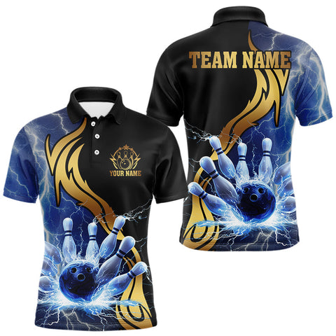 Maxcorners Custom Blue Lightning thunder and Gold Bowling Team Jerseys, Personalized Bowling Shirts for Men TU1208