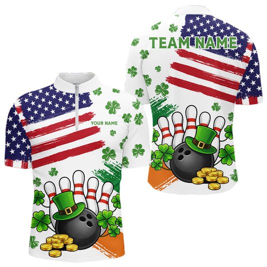 Maxcorners American Flag St Patrick's Day Clover Bowling Polo, 1/4 Zip Shirt For Men Custom Team Bowling Jersey LM1104
