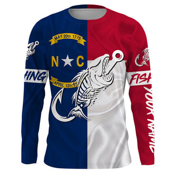 Maxcorners NC Fishing Custom North Carolina Flag Fish hook skull Custom Long sleeve, Long Sleeve Hooded  LM0201