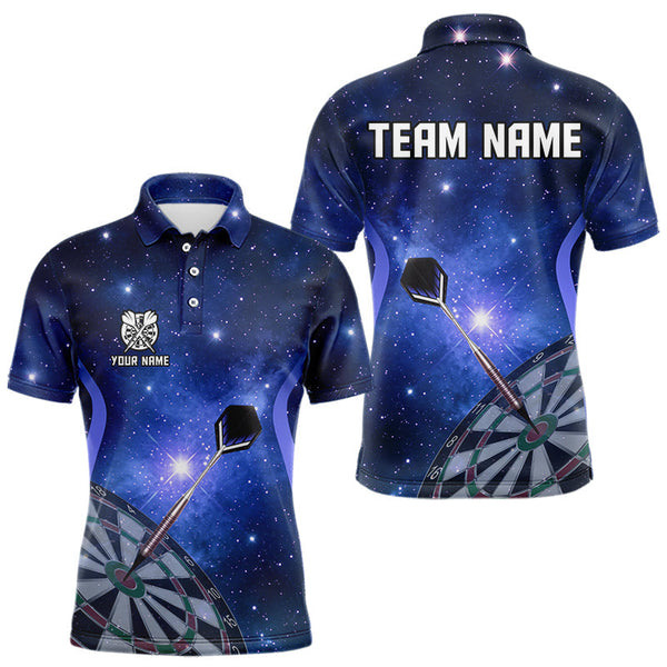 Maxcorners Blue galaxy space pattern Darts Polo, Quarter zip Shirts For Men Custom Team Darts Jersey Outfit LM1610
