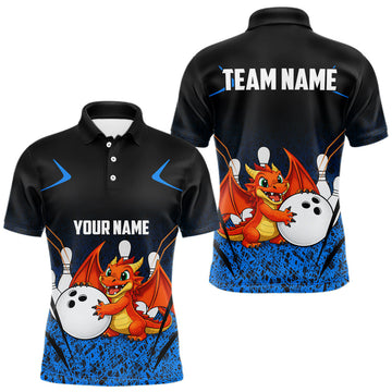 Black and Blue Camo Funny Dragon Bowling Polo, 1/4 Zip Shirts For Men Custom Bowling Team Jerseys LM1203