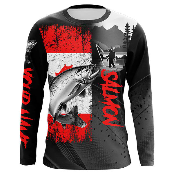 Maxcorners Canadian Flag Salmon Fishing Custom long sleeve performance Fishing Shirts, Salmon fishing jerseys MT2108