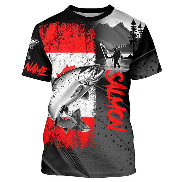 Maxcorners Canadian Flag Salmon Fishing Custom long sleeve performance Fishing Shirts, Salmon fishing jerseys MT2108