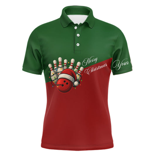 Maxcorners Red and Green Christmas Bowling Polo, Quarter Zip Shirts For Men custom mens bowling jerseys LM2603