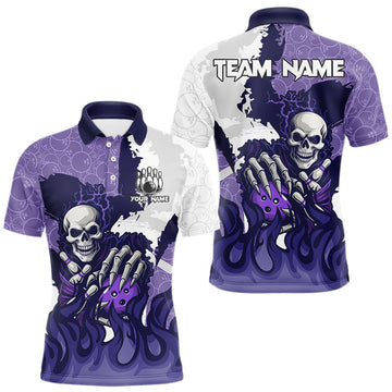 Maxcorners White and Purple Camo Flame Lightning Skull Bowling Shirts For Men Custom Bowling Team Jerseys LM2603